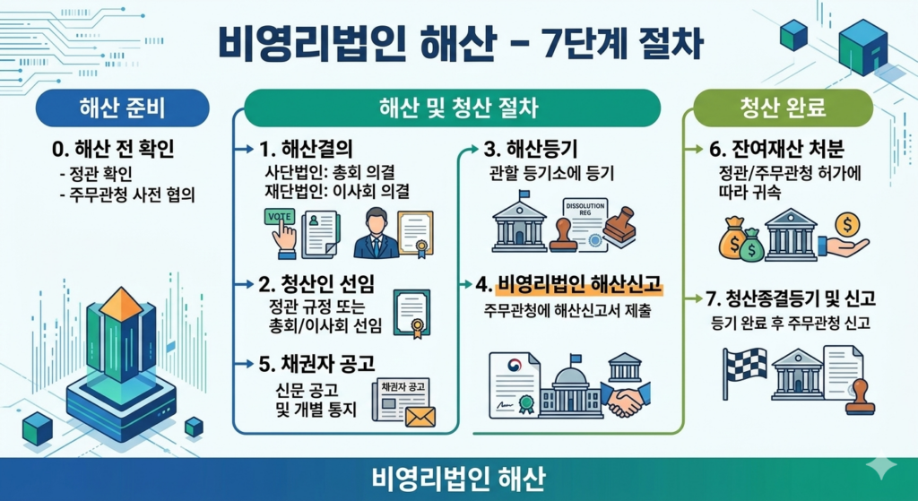 비영리법인 해산신고 및 청산 절차 7단계를 설명하는 인포그래픽 가이드라인 이미지