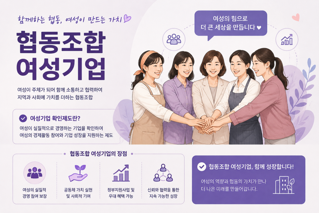 협동조합 여성기업을 상징하는 여성 조합원들이 함께 협력하며 경영하는 모습을 표현한 일러스트