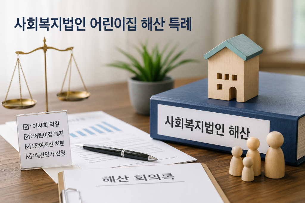 사회복지법인 어린이집 해산 특례 절차와 해산인가 관련 서류를 나타낸 이미지