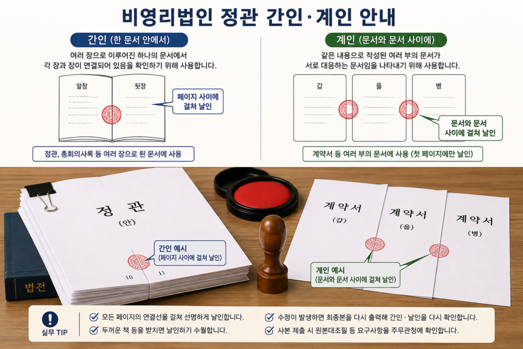 비영리법인 정관 간인과 계인 방법을 설명하는 서류 날인 실무 안내 이미지