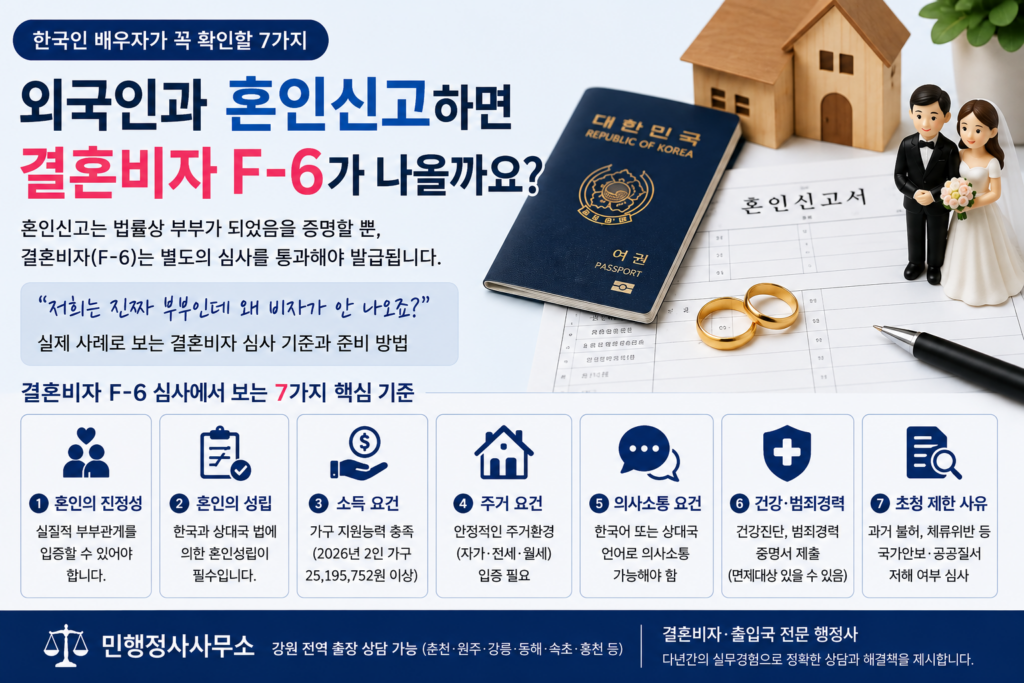 결혼비자 F-6 혼인신고 후 한국인 배우자가 확인할 심사요건